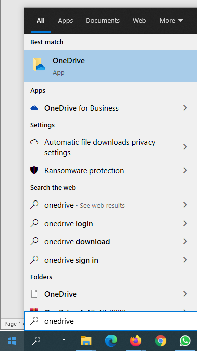 Finding OneDrive by searching it in Start